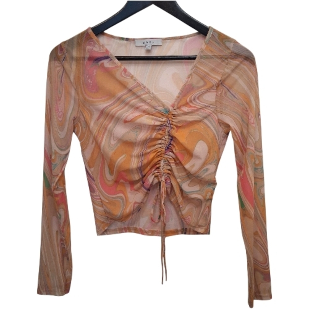 ​GAZE Abstract Marble Swirl Mesh Long Sleeve Top | Ruched Front Tie Size M
